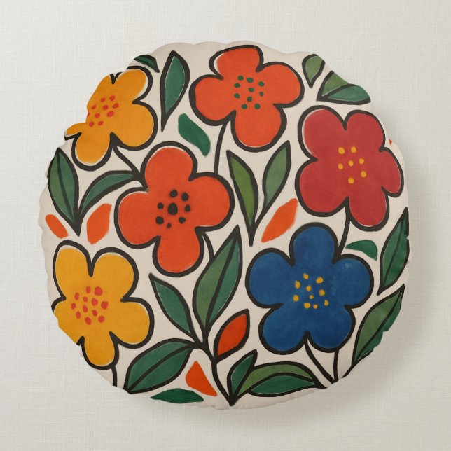 Retro 1960s Style Floral Pattern Rond Kussen (Voorkant)