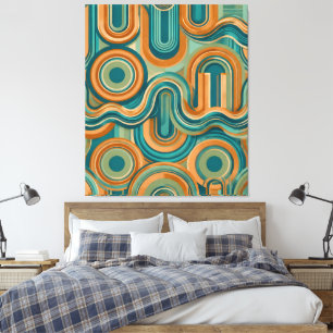 Retro 1970 geometrisch golfpatroon in turkoois en canvas afdruk
