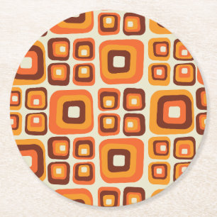 Retro 1970 jaren Mid Century Oranje en Bruine Geom Ronde Kartonnen Onderzetter