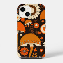 Retro 1970s Bruin- en Oranje paddenstoelen en bloe