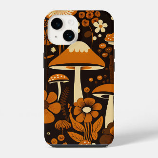 Retro 1970s Bruin- en Oranje paddenstoelen en bloe iPhone 14 Hoesje