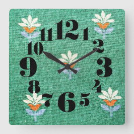 /Retro 1970s Groene Bloemen Vierkante Klok