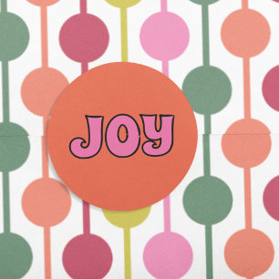 Retro 1970s Letters Joy Kerst Oranje, Roze Ronde Sticker