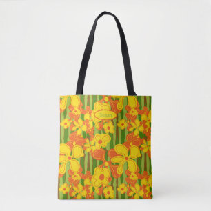 Retro 1970s Oranje Gele Bloemen Draagtas