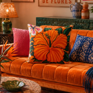 Retro 1970s oranje hibiscus schilderij kussen