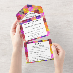 Retro  1980 Colorful Pattern Wedding All In One Uitnodiging