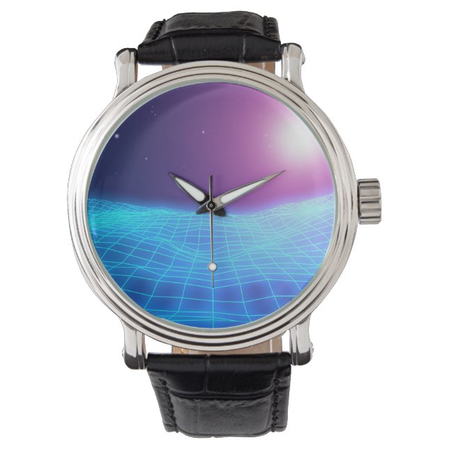 Retro 1980 synthwave gloeiende neonverlichting lan horloge (Voorkant)