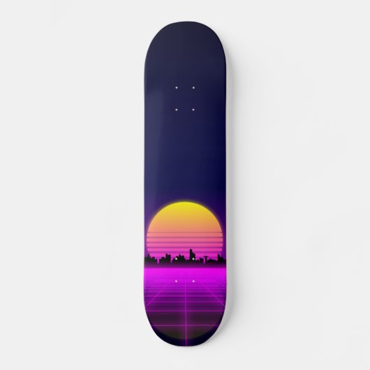 Retro 1980s synthwave gloed neon licht stad skateboard (Voorkant)