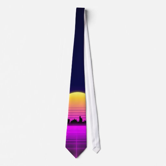 Retro 1980s synthwave gloed neon licht stad stropdas (Voorkant)