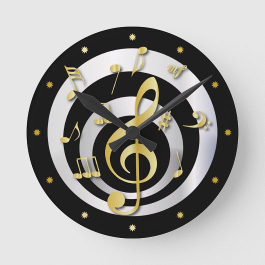 Retro 3D Effect Gold en Silver Musical Notes Ronde Klok (Voorkant)