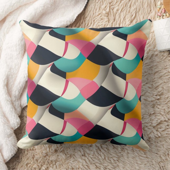 Retro 3D Geometric Pattern in Teal, Pink, Mustard Kussen (Deken)