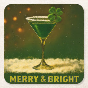 Retro 50s 4 Leaf Clover Ierse Kerst Martini Vierkante Kartonnen Onderzetter