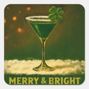 Retro 50s 4 Leaf Clover Ierse Kerst Martini Vierkante Sticker