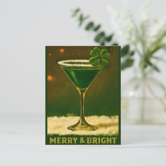Retro 50s 4 Leaf Clover Irish Christmas Martini Briefkaart (Staand voorkant)