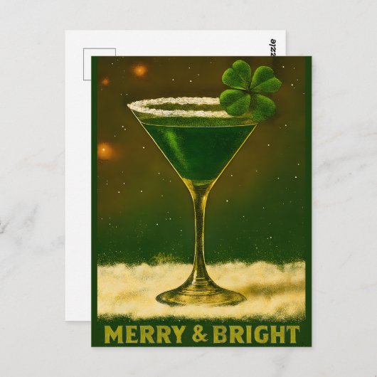 Retro 50s 4 Leaf Clover Irish Christmas Martini Briefkaart (Voorkant / Achterkant)