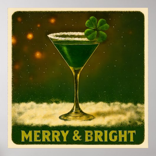 Retro 50s 4 Leaf Clover Irish Christmas Martini Poster (Voorkant)