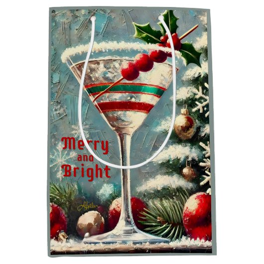 Retro 50s Cranberry Snowflake Christmas Martini Medium Cadeauzakje (Voorkant)