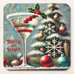 Retro 50s Cranberry Snowflake Christmas Martini Vierkante Kartonnen Onderzetter