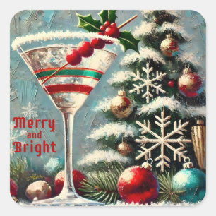 Retro 50s Cranberry Snowflake Christmas Martini Vierkante Sticker