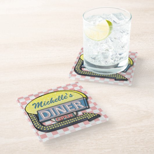Retro 50s Diner Sign Creëer Uw eigen Aangepast Glazen Onderzetter (Schuin)