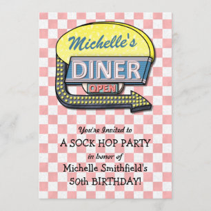 Retro 50s Diner Sock Hop Verjaardagsfeest Thema Kaart