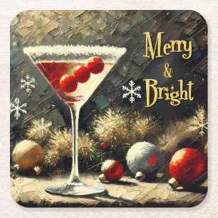 Retro 50s Drievoudige Cranberry Kerst Martini Vierkante Kartonnen Onderzetter