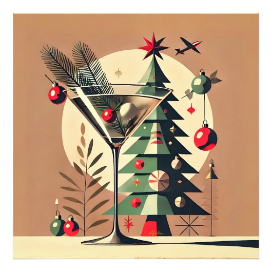 Retro 50s Jet Set Kerstboom Martini Foto Afdruk (Voorkant)