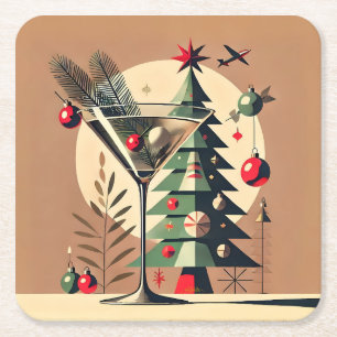 Retro 50s Jet Set Kerstboom Martini Vierkante Kartonnen Onderzetter