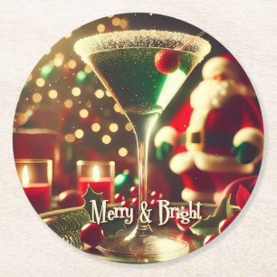 Retro 50s Kerstman Christmas Groene Martini Ronde Kartonnen Onderzetter