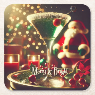 Retro 50s Kerstman Christmas Groene Martini Vierkante Kartonnen Onderzetter