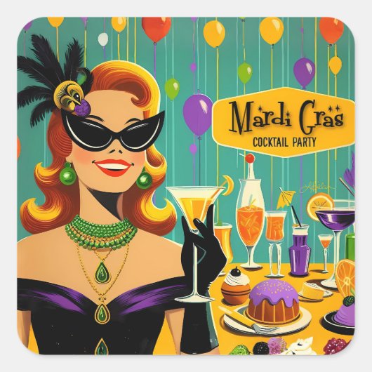 Retro 50s Mardi Gras Cocktail Party Vierkante Sticker (Voorkant)