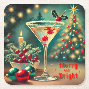 Retro 50s Merry Bright Christmas Cocktail Martini Vierkante Kartonnen Onderzetter
