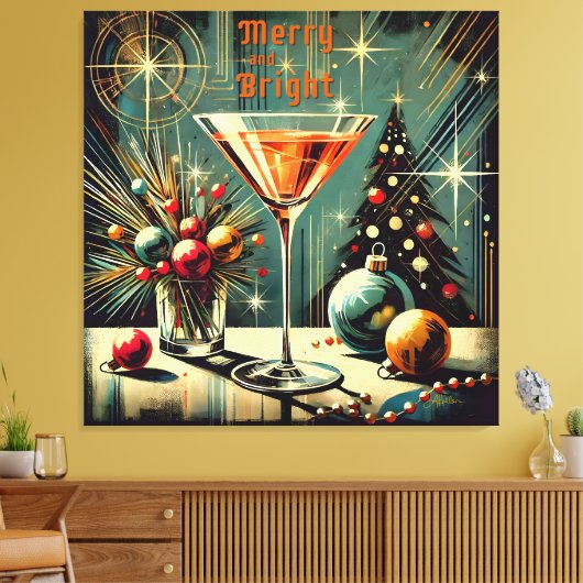 Retro 50s Merry & Bright Christmas Martini Canvas Afdruk (Insitu (Woonkamer))