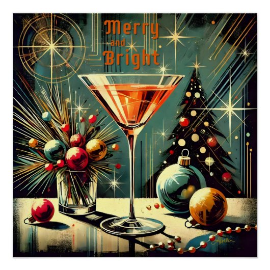 Retro 50s Merry & Bright Christmas Martini Perfect Poster (Voorkant)