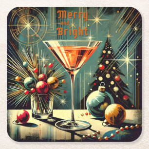 Retro 50s Merry & Bright Christmas Martini Vierkante Kartonnen Onderzetter
