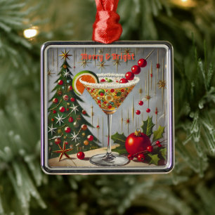 Retro 50s Merry Bright Christmas Snoep Cocktail Metalen Ornament