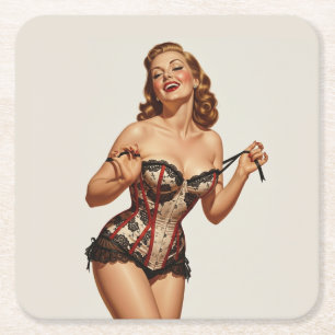 Retro 50's Pin-up Beauty Vierkante Kartonnen Onderzetter