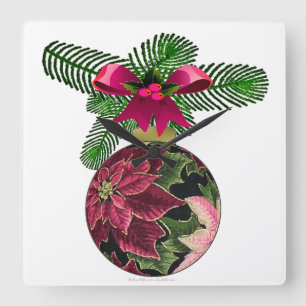 Retro 50s Poinsettia Burgundy Ornament Vierkante Klok