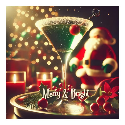 Retro 50s Santa Christmas Green Martini Foto Afdruk (Voorkant)