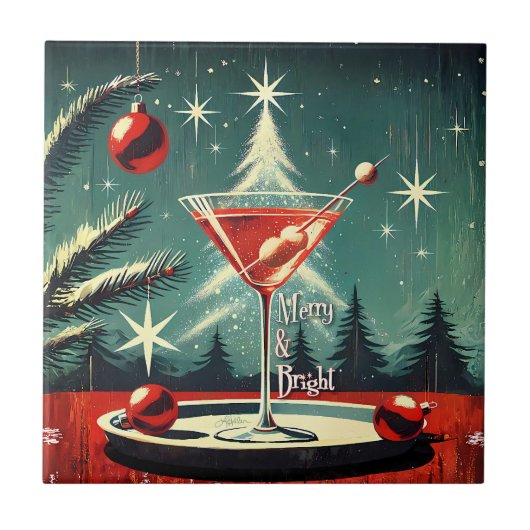 Retro 50s Sneeuwjacht Kerstboom Martini Tegeltje (Voorkant)