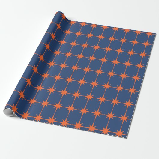 Retro 50s Starburst Pattern Oranje and Blue Cadeaupapier (Uitgerold)