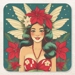 Retro 50s Tropical Christmas Pin-Up Girl Vierkante Kartonnen Onderzetter