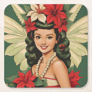 Retro 50s Tropische Kerstprinses Vierkante Kartonnen Onderzetter