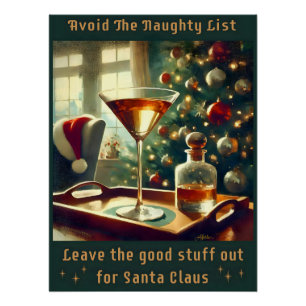 Retro 50s Vermijd De Stoute Lijst Kerst Martini Perfect Poster