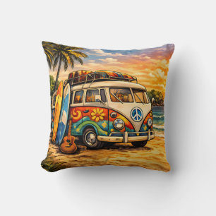 Retro 60er Hippie Surfer Strand Bus Zonsondergang  Kussen