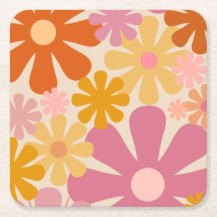 Retro 60s 70s Aesthetisch Floral Pattern Vierkante Kartonnen Onderzetter
