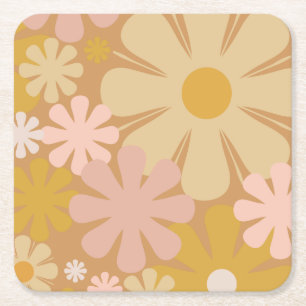 Retro 60s 70s Aesthetisch Floral Pattern Vierkante Kartonnen Onderzetter