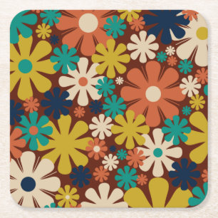 Retro 60s 70s Aesthetisch Floral Pattern Vierkante Kartonnen Onderzetter