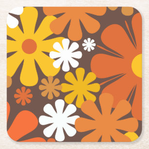 Retro 60s 70s Aesthetisch Floral Pattern Vierkante Kartonnen Onderzetter