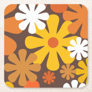 Retro 60s 70s Aesthetisch Floral Pattern Vierkante Kartonnen Onderzetter
